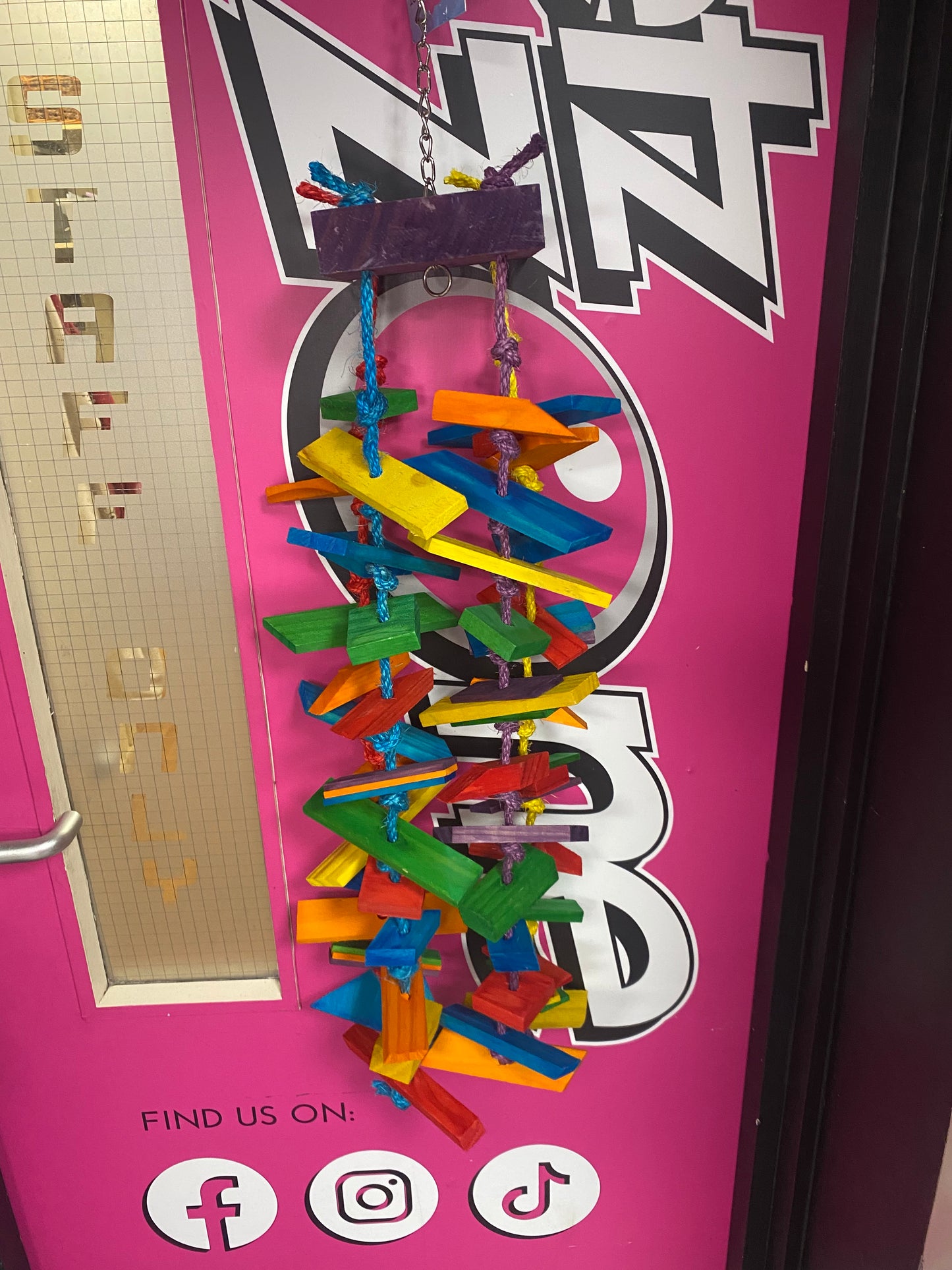 Rainbow tower wood and rope parrot toy